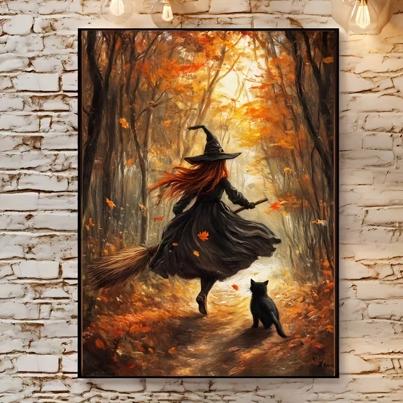 Home Decor Aesthetic - Retro Halloween Herbsthexe auf Besenrad Wandkunstdruck