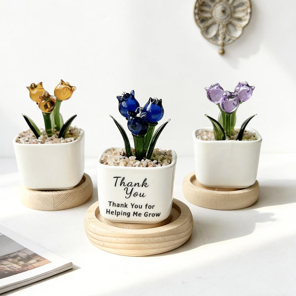 Home Decor Tulip - Mini Glas-Blumentopf-Dekoration Miniatur-Tulpen-Blumentopf Figurine Statue Heim