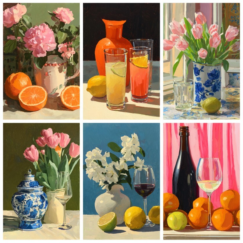 Home Decor Tulip - 6-teiliges Set: Tulpen-Pfingstrosen-Vase, Zitrusfrüchte, Weinglas, Stillleben,